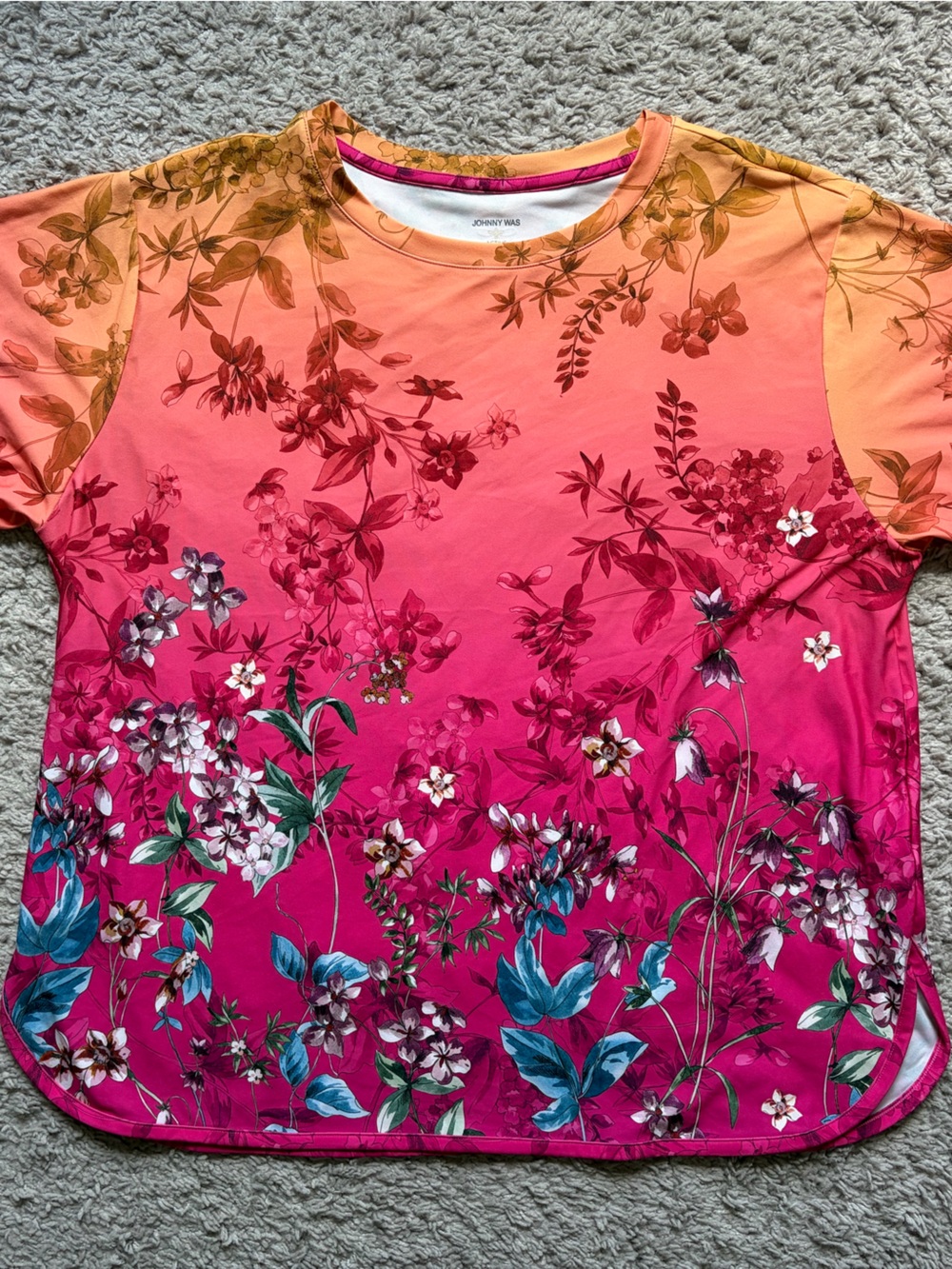 Johnny Was Bee Active workout Pink Orange Ombre Floral Short Sleeve T shirt